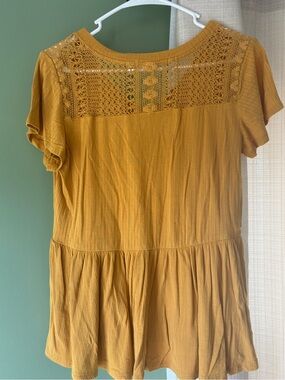 Rewind Mustard Crochet Yoke Peplum Tunic Top